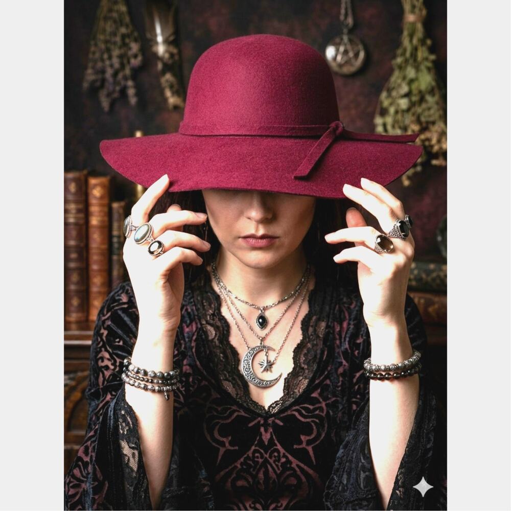 Burgundy Wool Boho Floppy Wide Brim Hat 70s Retro Romantic Cottage Whimsigoth